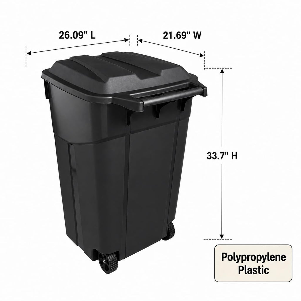 45 Gallon Black Outdoor Trash Can with Wheels and Attached Lid C8254