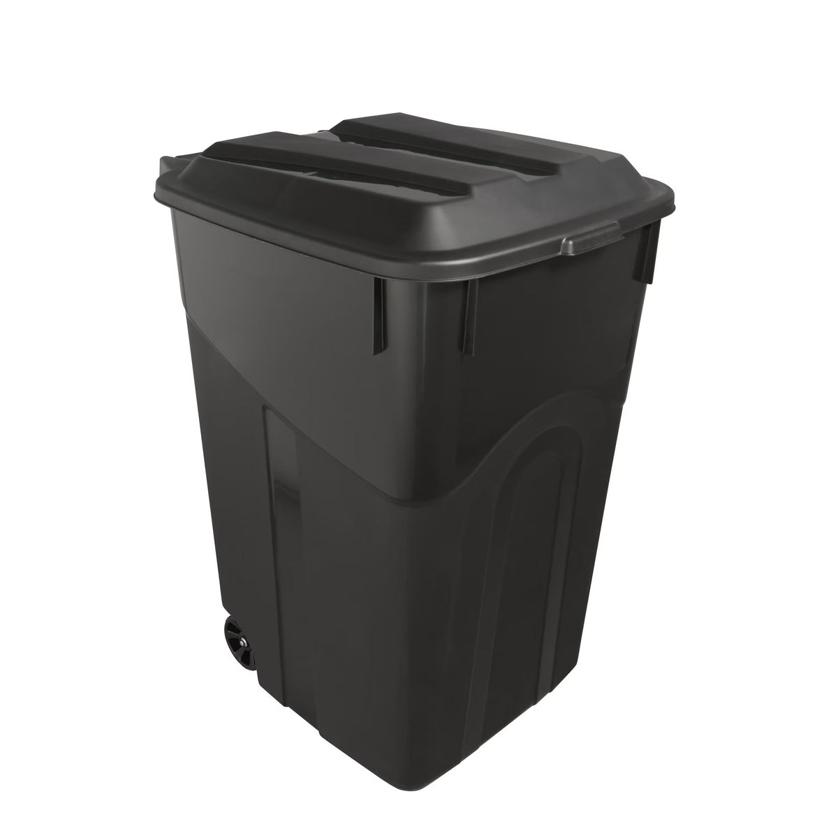 45 Gallon Black Outdoor Trash Can with Wheels and Attached Lid C8254