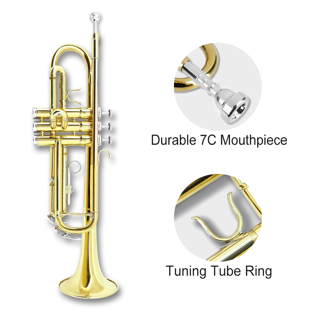 Standard Trumpet Set with Carrying Hard Case, 7C Mouthpiece, Cleaning Cloth and Gloves R96467