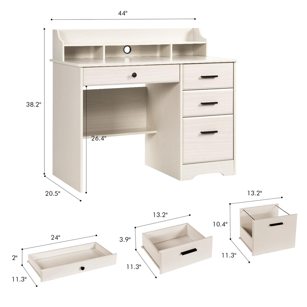 Warm White Wood Computer Desk with Drawers and Hutch A763