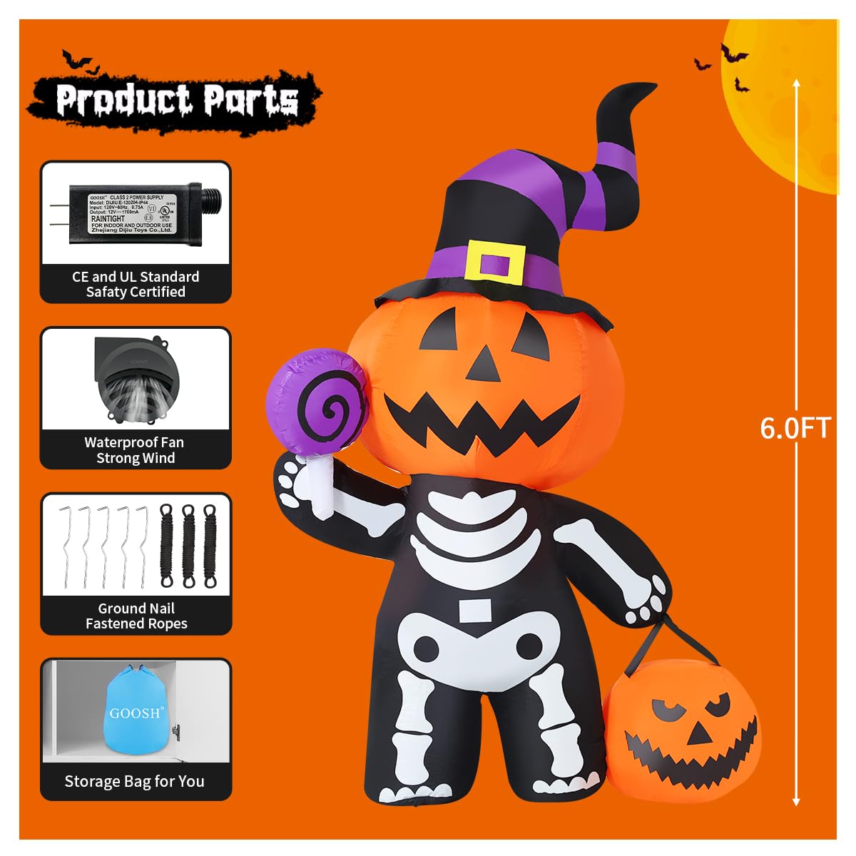 6 FT Inflatable Pumpkin Skull Outdoor Decoration with Built-in LEDs W925422