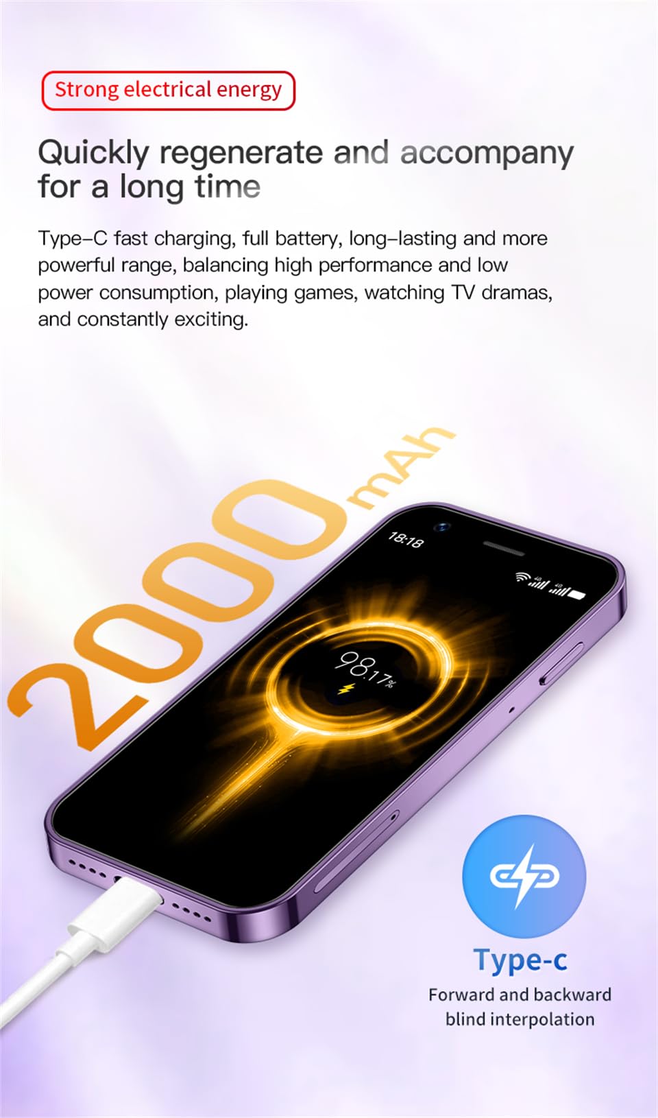 3.0 inch Mini Smartphone 4G LTE Android 10 Quad Core 2000mAh Type-C Dual SIM Purple 3GB RAM 64GB ROM Q5521