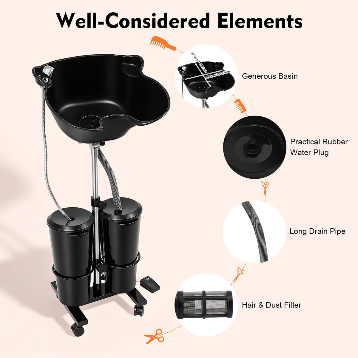 Portable Height Adjustable Shampoo Bowl with Electric Pump J4195