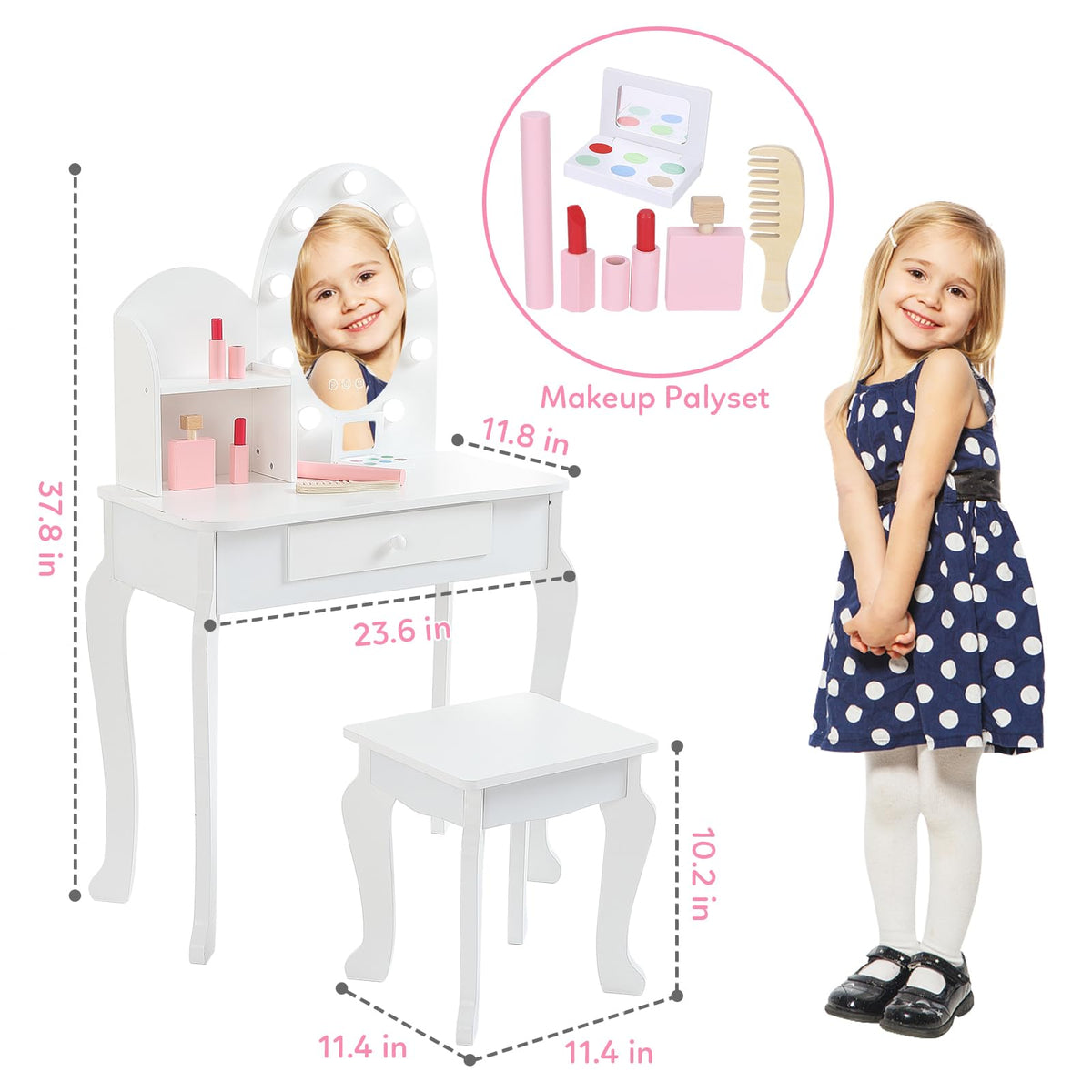 White Kids Vanity Table with LED Mirror & Stool J413871