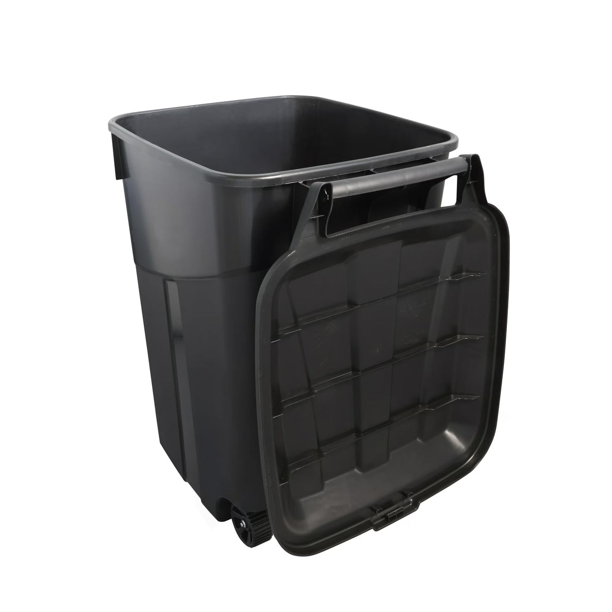 45 Gallon Black Outdoor Trash Can with Wheels and Attached Lid C8254
