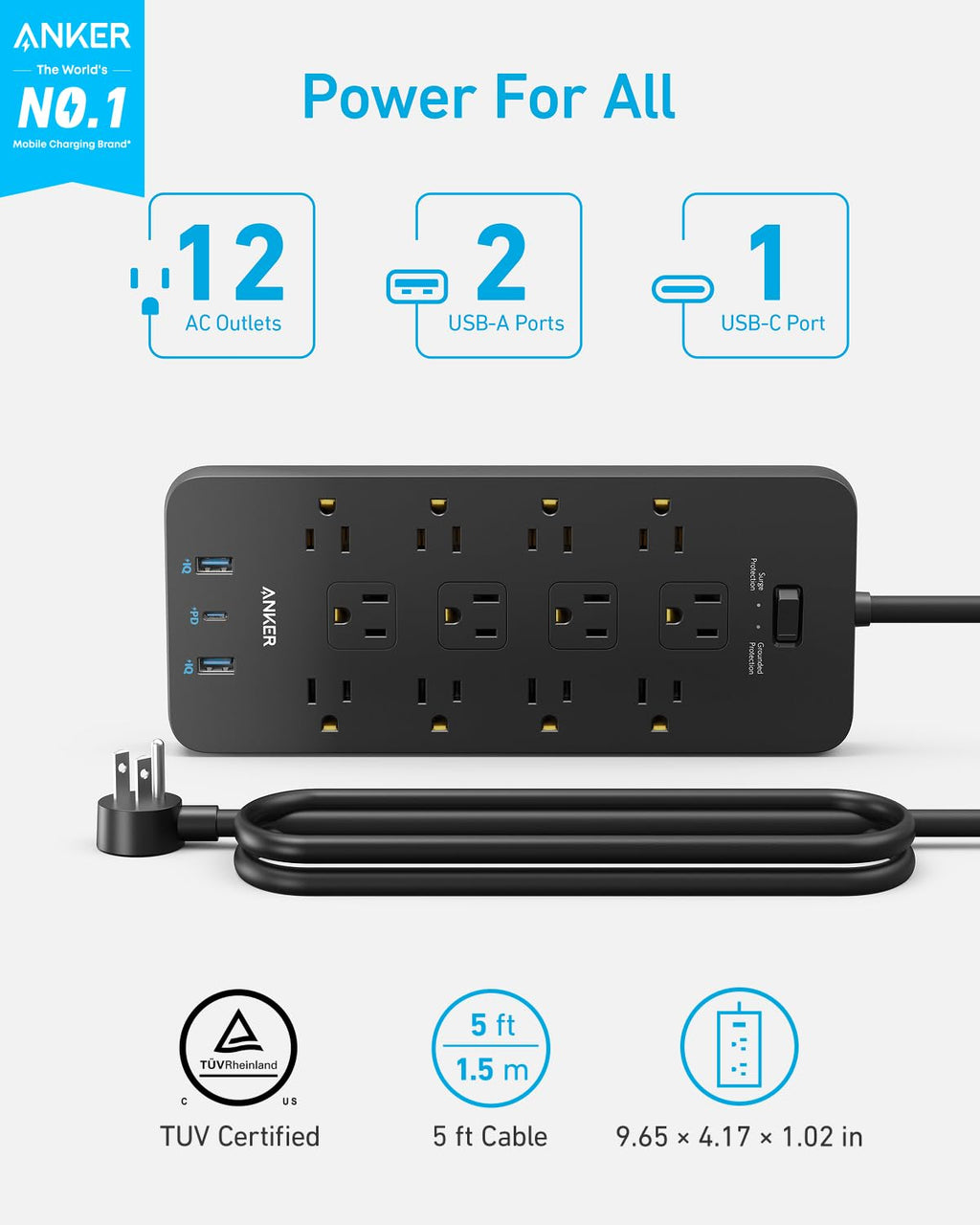 Power Strip with Surge Protector, Outlet Extender, 20W, 12 AC K833