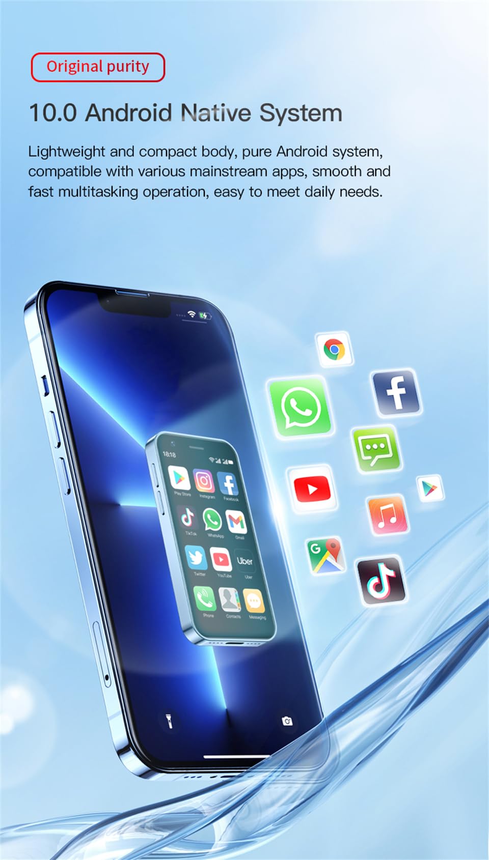 3.0 inch Mini Smartphone 4G LTE Android 10 Quad Core 2000mAh Type-C Dual SIM Purple 3GB RAM 64GB ROM Q5521