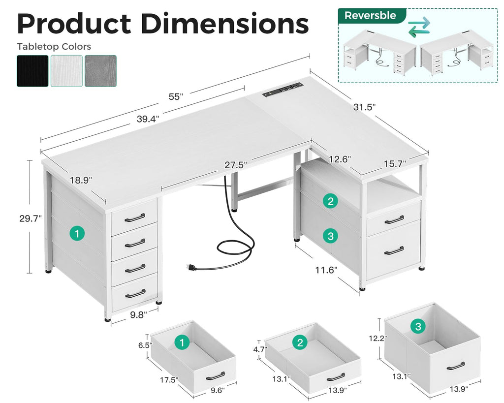 55 Inch L Shaped Office Desk with 6 Drawers White Y81167