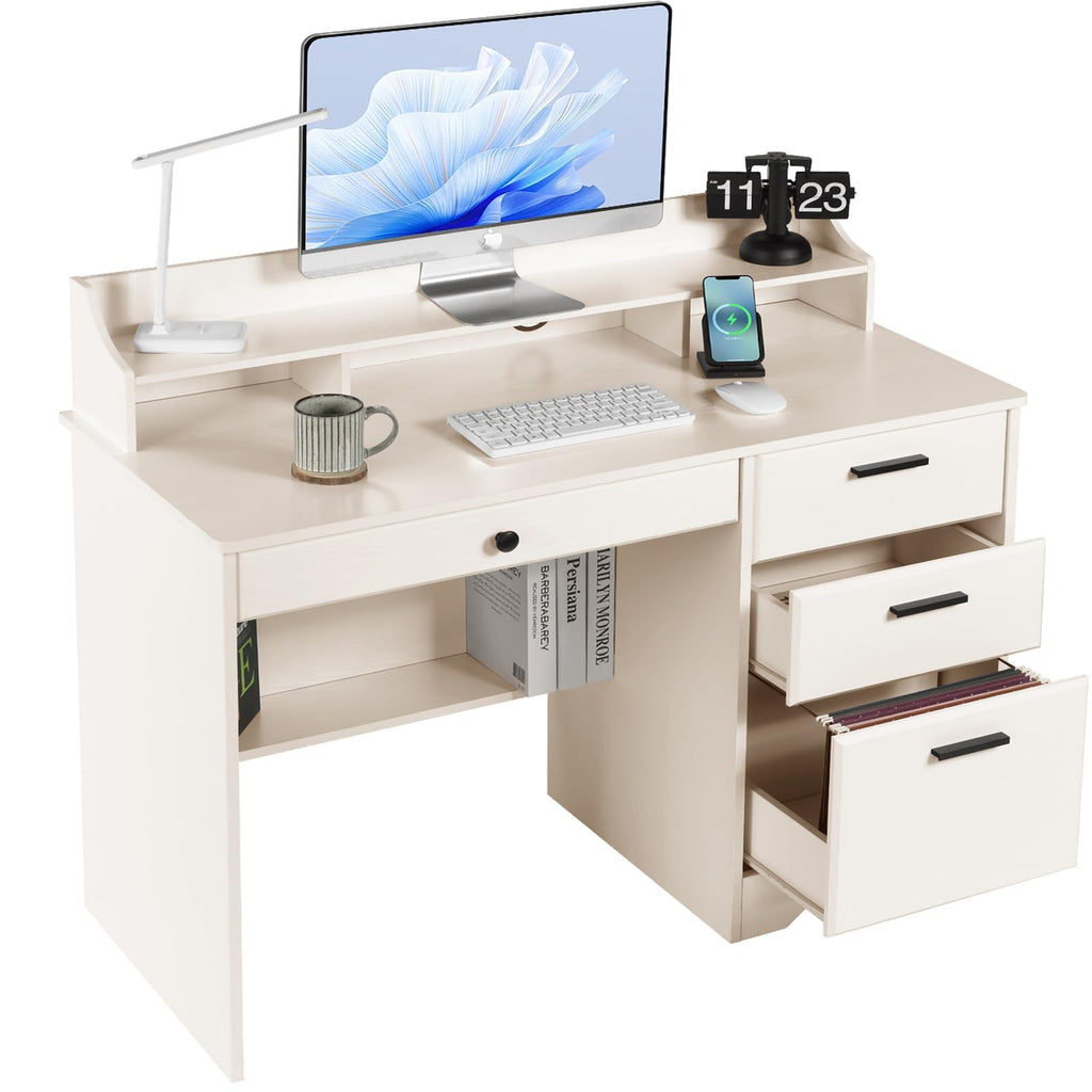 Warm White Wood Computer Desk with Drawers and Hutch A763