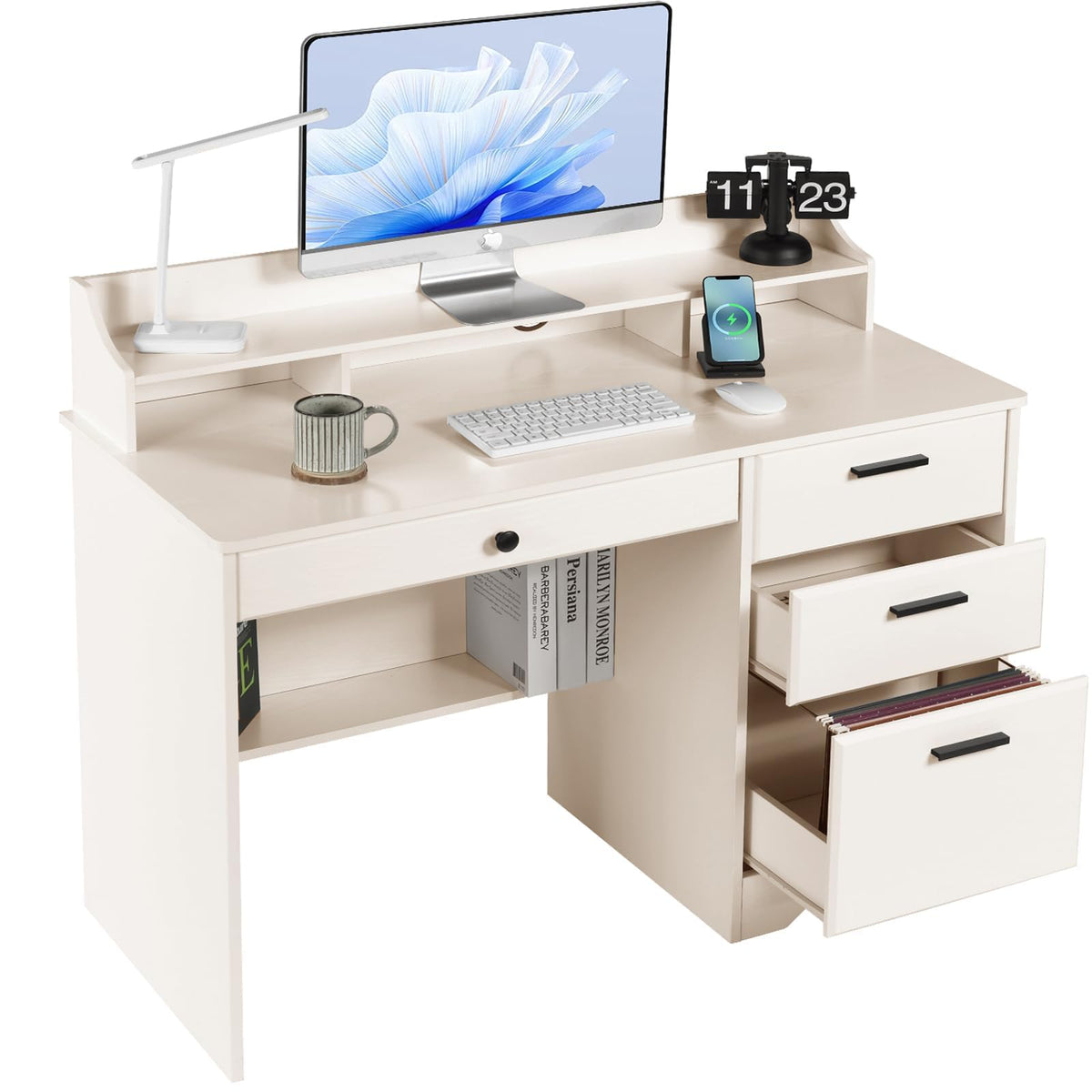 Warm White Wood Computer Desk with Drawers and Hutch A763
