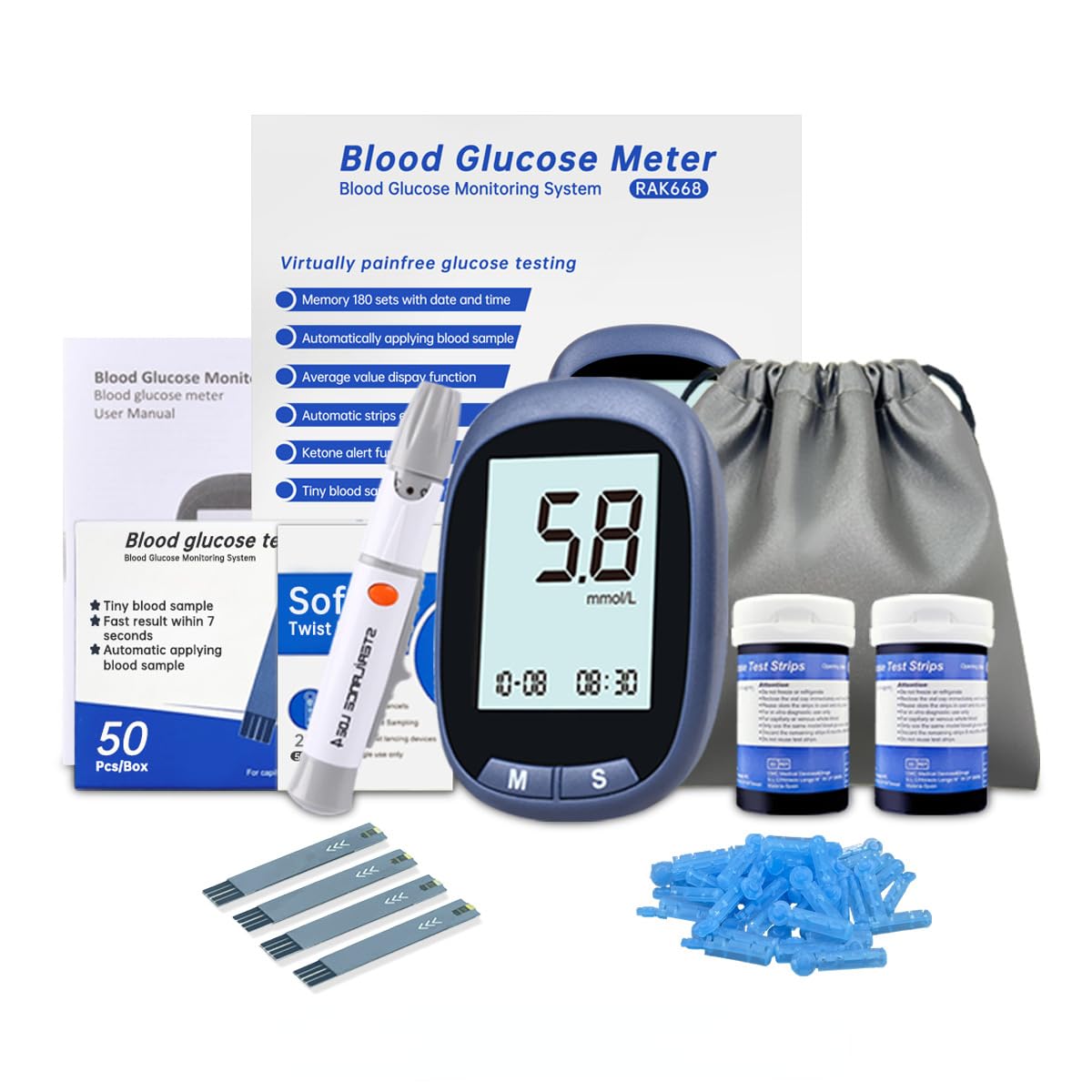 Blood Glucose Monitor Kit with 50 Test Strips and 50 Lancets I218