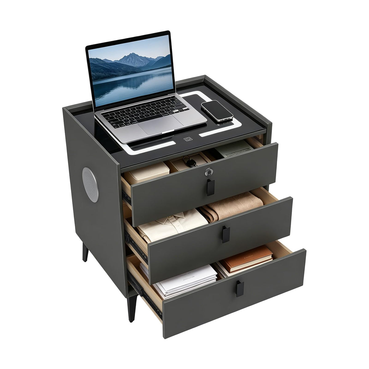 Fingerprint Lock Nightstand with USB & Wireless Charging and 3 Drawers J47079