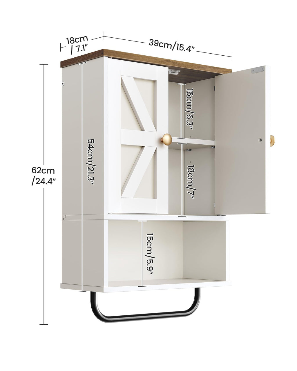 White and Walnut Bathroom Wall Cabinet with Towel Bar J797357