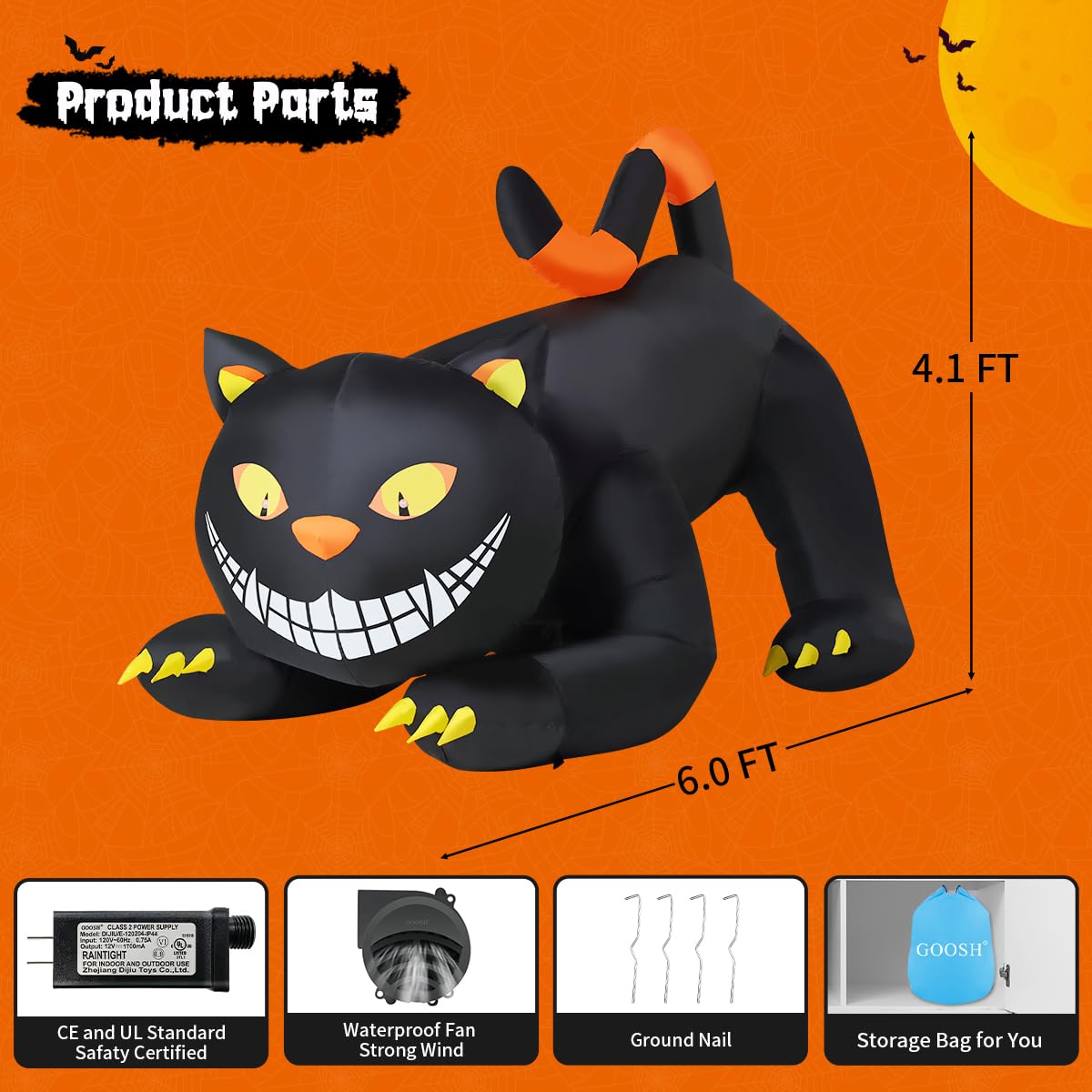 6 FT Halloween Inflatable Black Cat with LED Lights Y132