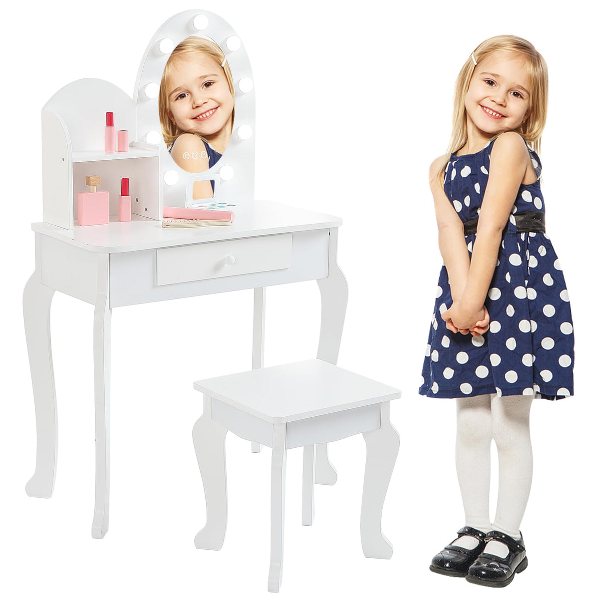 White Kids Vanity Table with LED Mirror & Stool J413871