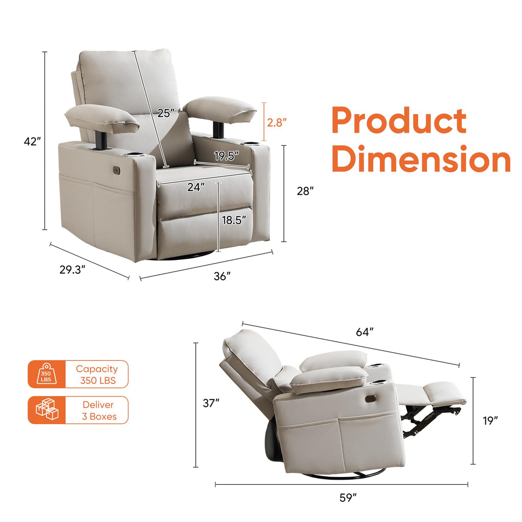 Oversized Power Swivel Rocker Recliner with Heating and Massage, Faux Leather, Grey R75185
