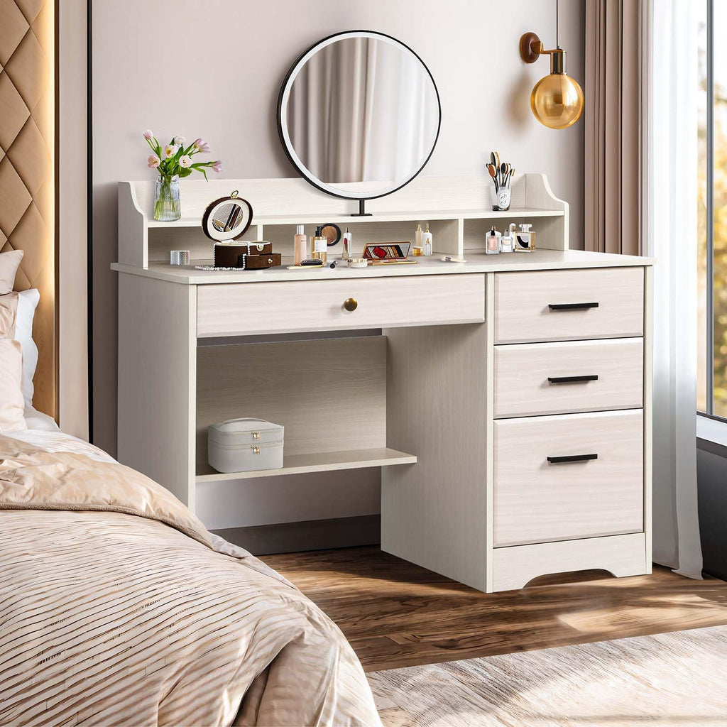 Warm White Wood Computer Desk with Drawers and Hutch A763
