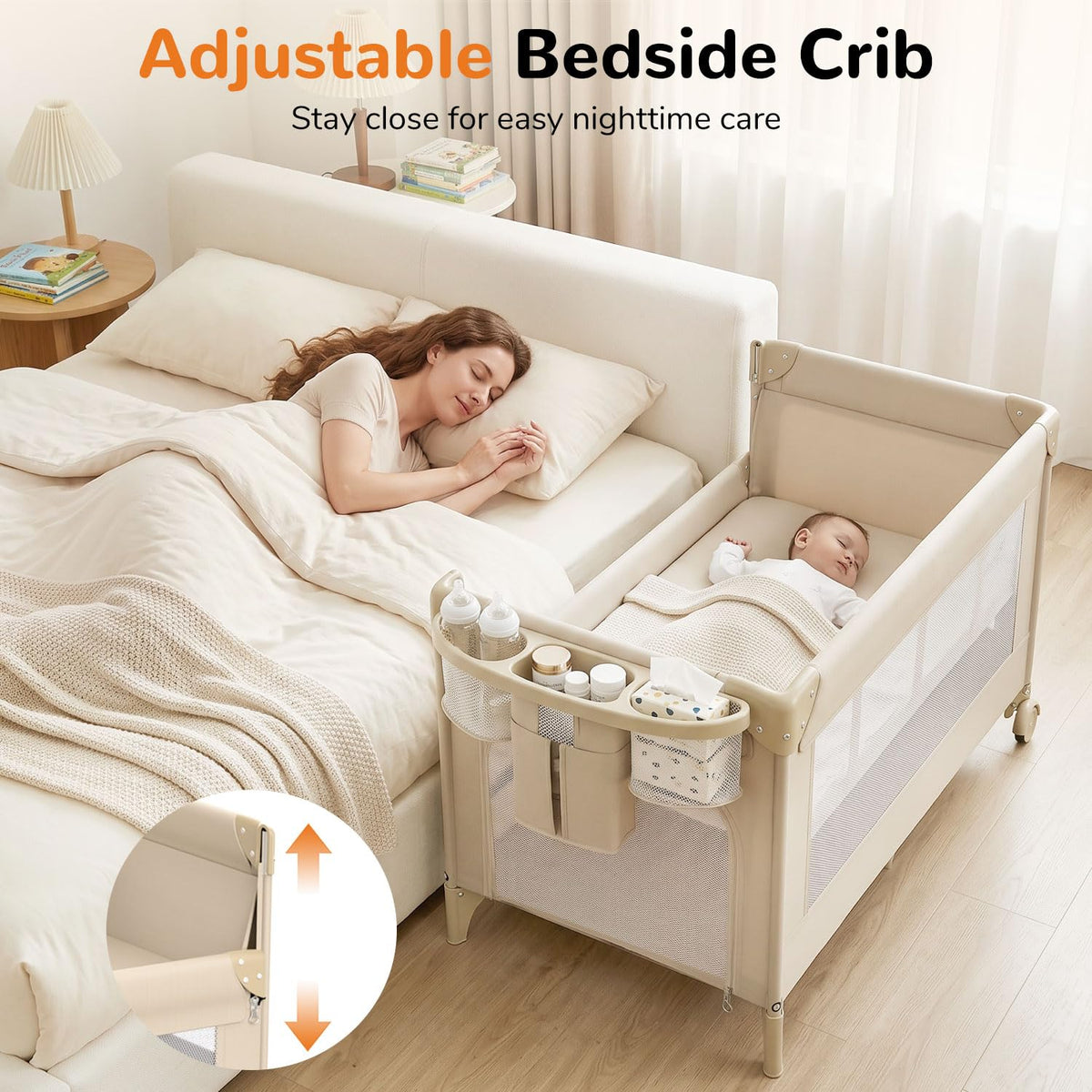 4 in 1 Foldable Pack and Play with Bassinet and Changing Table, Beige Q43493