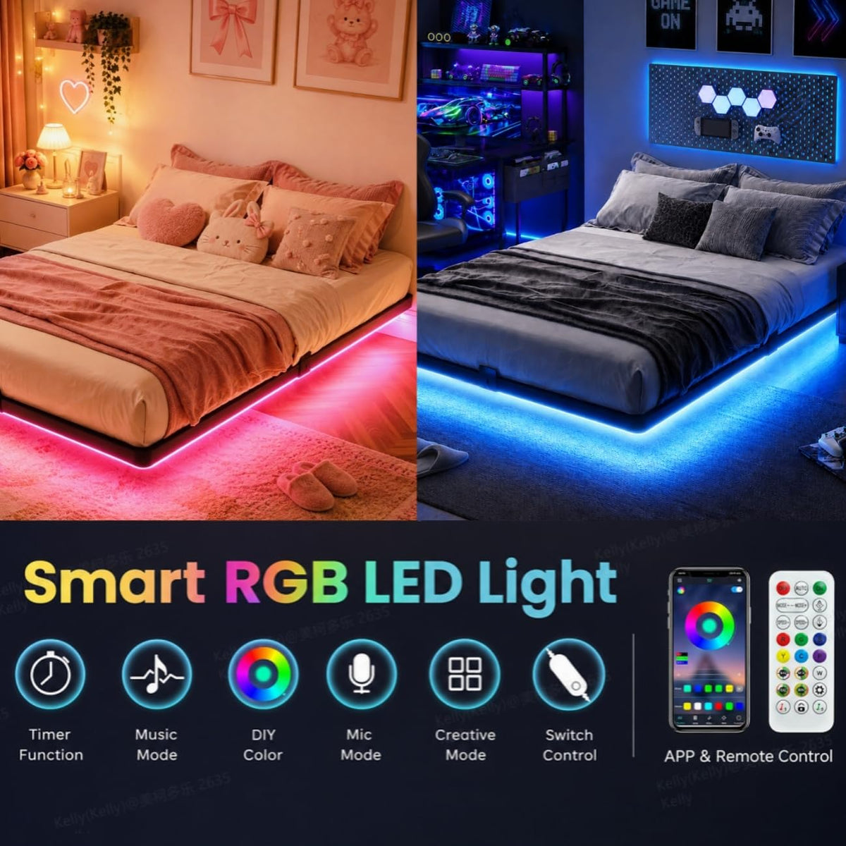 Full Size Floating Bed Frame with LED Lights W141