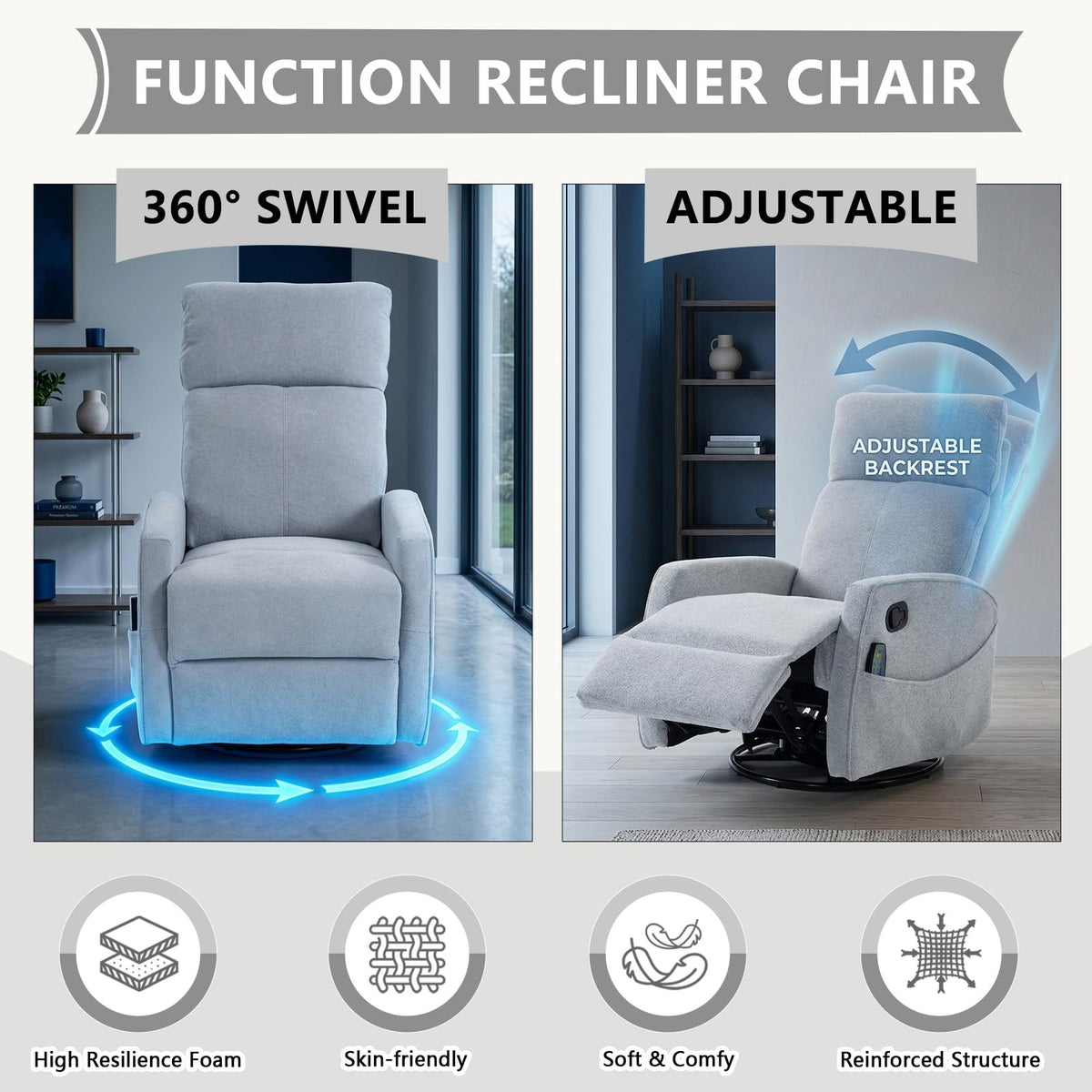 Small White Velvet Recliner Rocking Chair with Heat and Massage D495