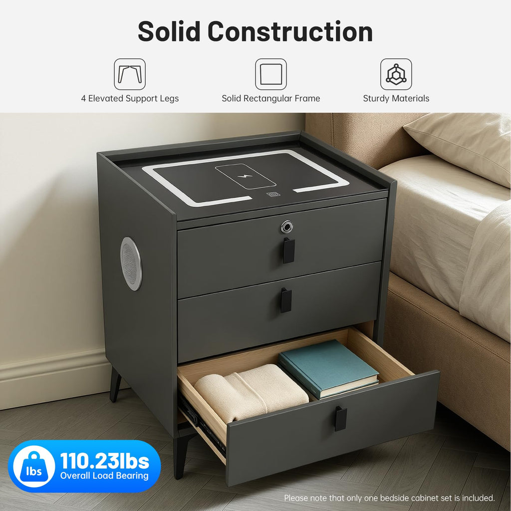 Fingerprint Lock Nightstand with USB & Wireless Charging and 3 Drawers J47079