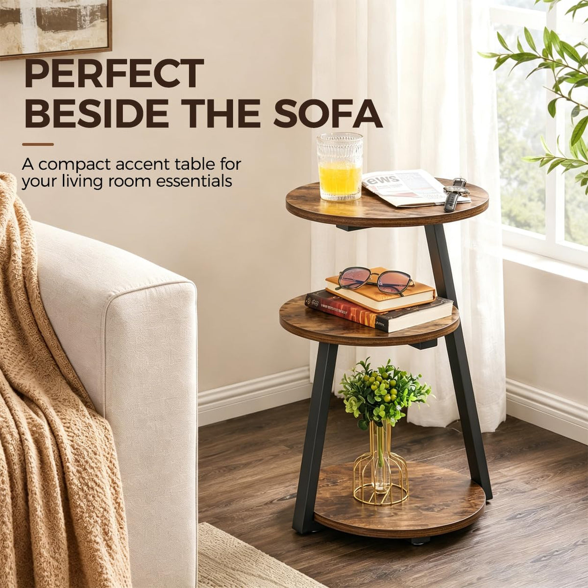 Small Round 3-Tier Side Table with Storage Shelves E26174