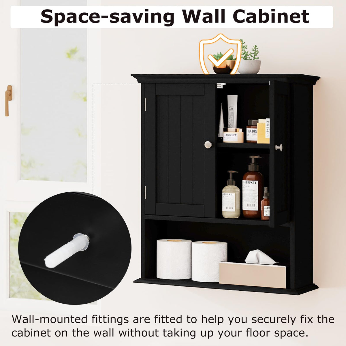 Black Wooden Bathroom Wall Cabinet with 2 Doors X66241