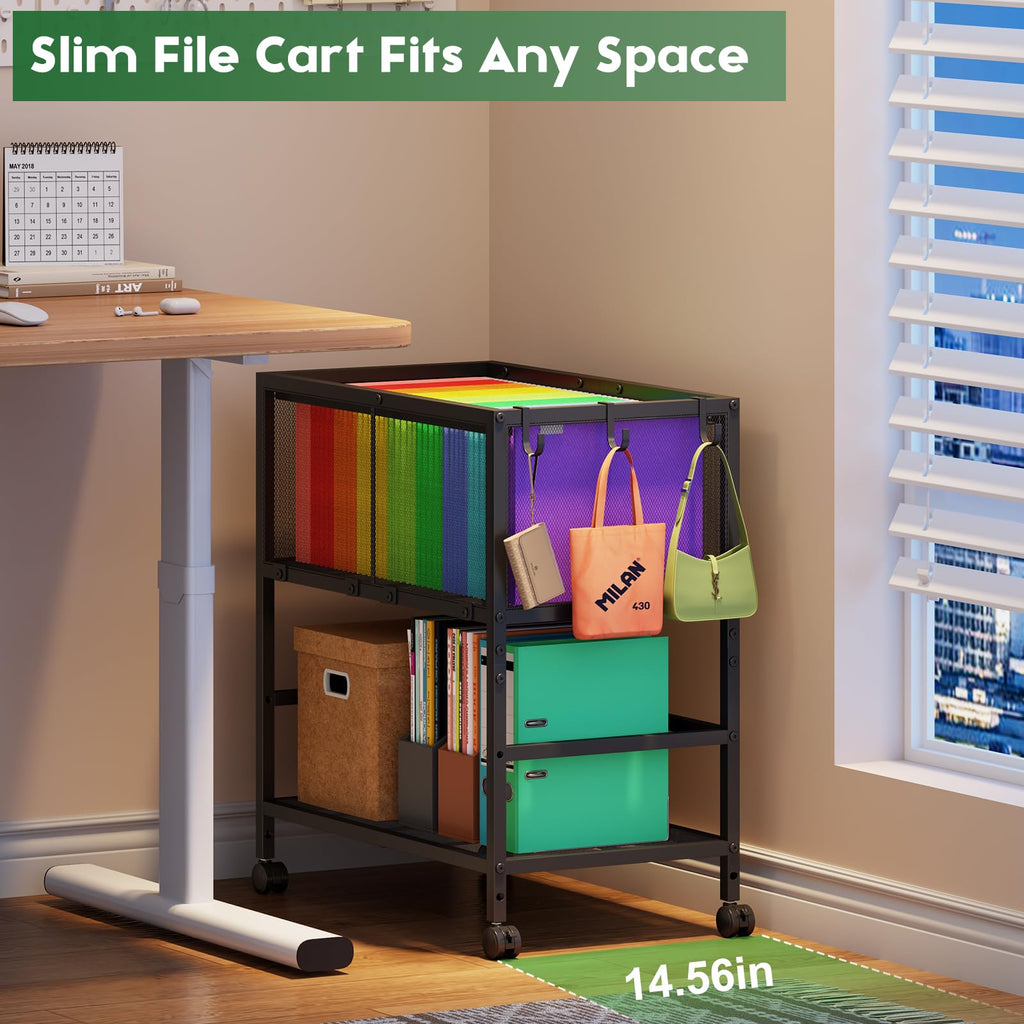 Black 2-Tier Rolling Metal File Cart with Storage Shelf G55528