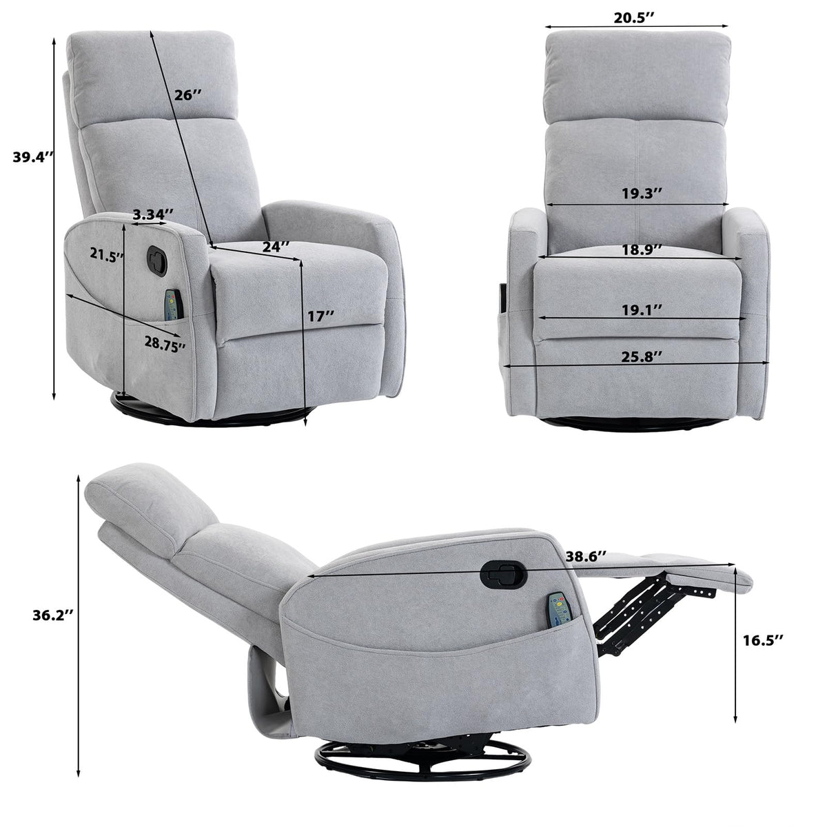 Small White Velvet Recliner Rocking Chair with Heat and Massage D495