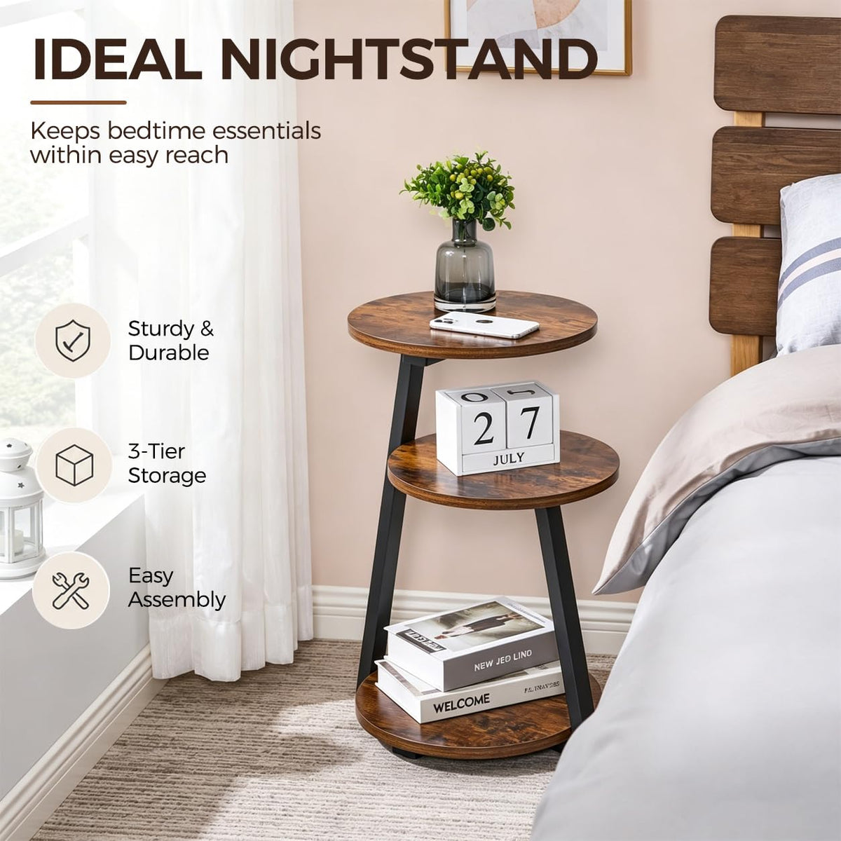 Small Round 3-Tier Side Table with Storage Shelves E26174