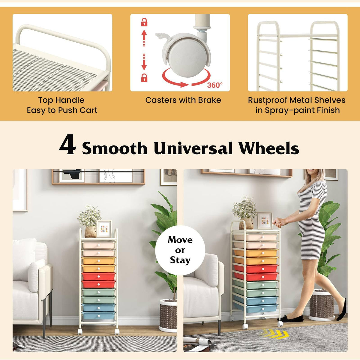 10 Drawers Rolling Storage Cart with Wheels D372