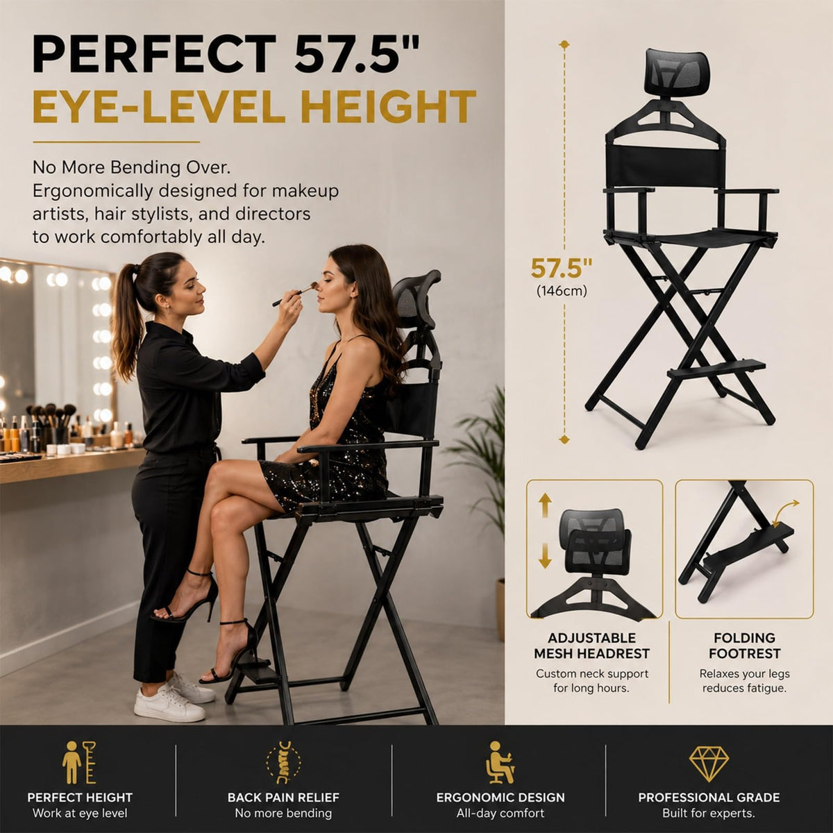 Gold Extra Tall Foldable Makeup Chair C446