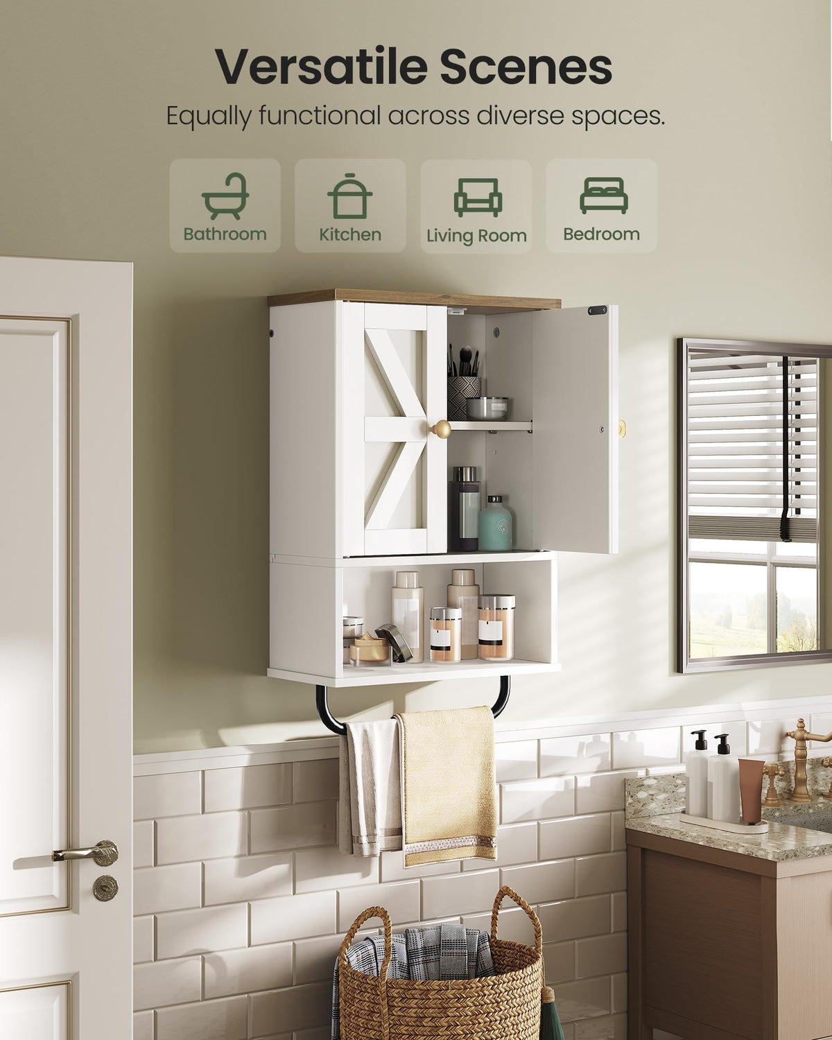 White and Walnut Bathroom Wall Cabinet with Towel Bar J797357
