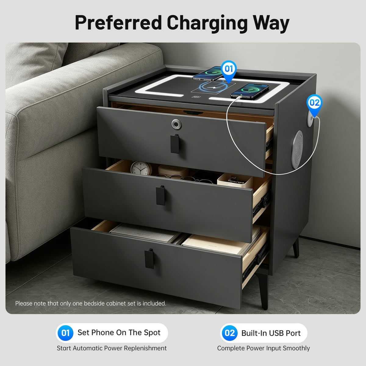 Fingerprint Lock Nightstand with USB & Wireless Charging and 3 Drawers J47079