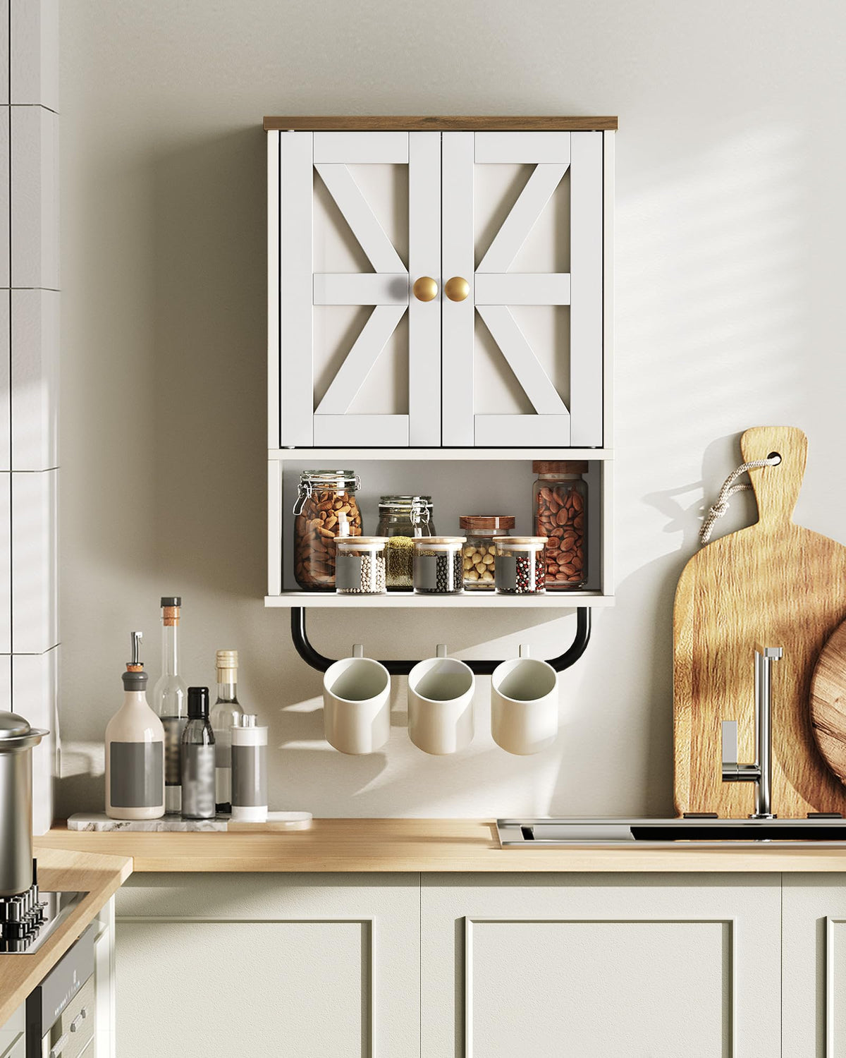 White and Walnut Bathroom Wall Cabinet with Towel Bar J797357