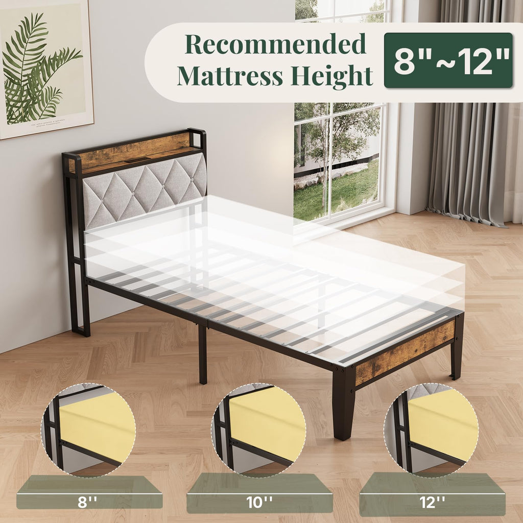 Twin Bed Frame with Upholstered Storage Headboard and USB Charging Station S7607