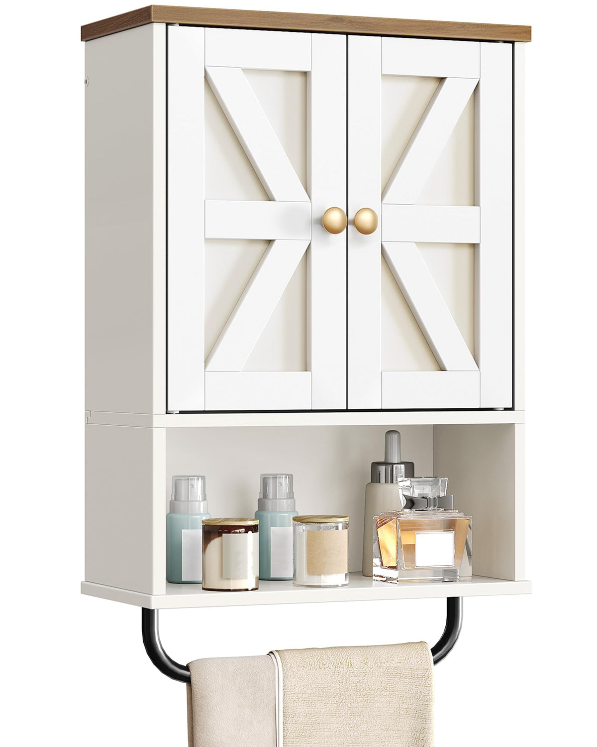 White and Walnut Bathroom Wall Cabinet with Towel Bar J797357