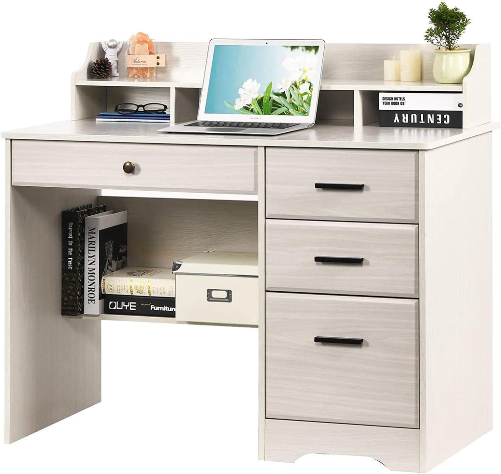 Warm White Wood Computer Desk with Drawers and Hutch A763