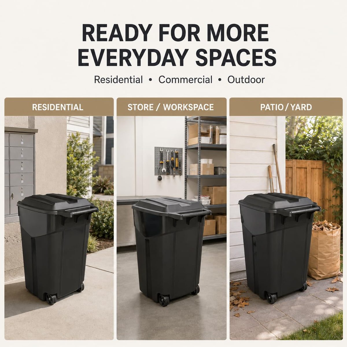 45 Gallon Black Outdoor Trash Can with Wheels and Attached Lid C8254