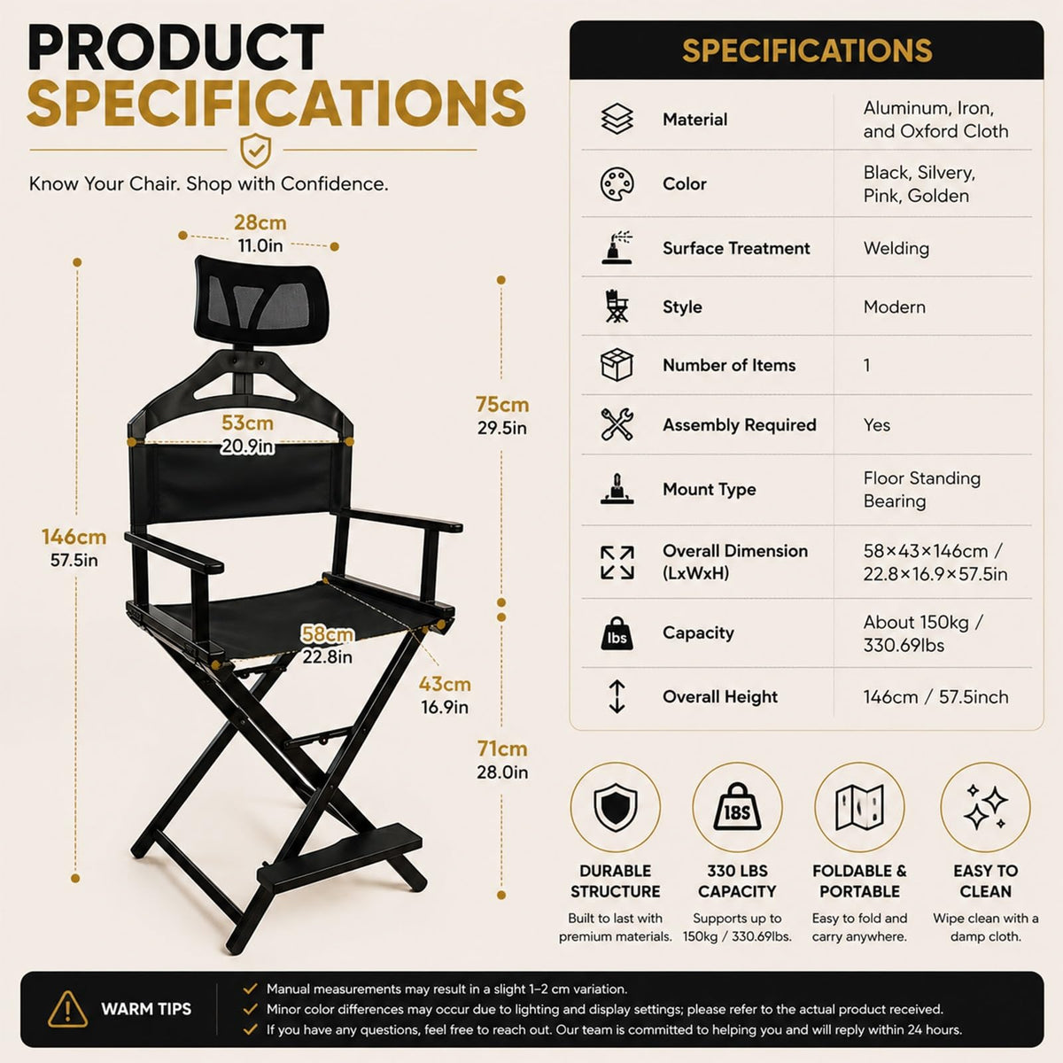 Gold Extra Tall Foldable Makeup Chair C446