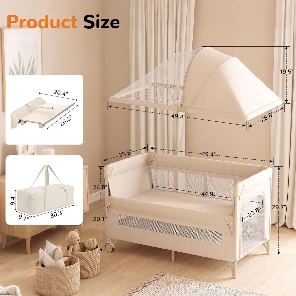 4 in 1 Foldable Pack and Play with Bassinet and Changing Table, Beige Q43493