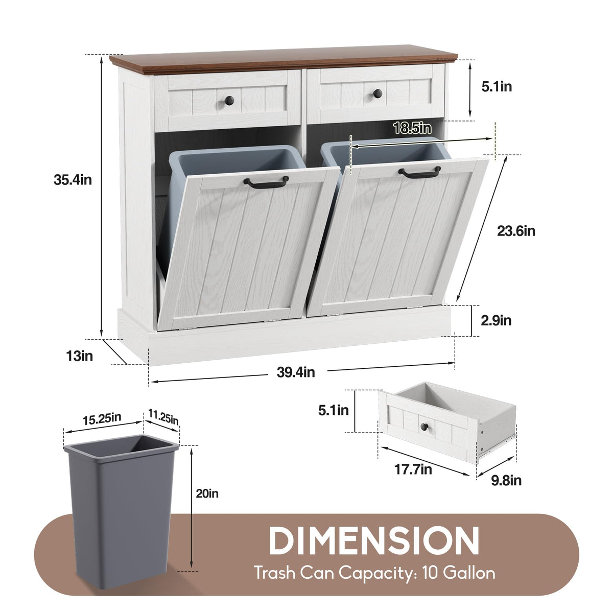 White 2x10 Gallons Tilt Out Trash Can Cabinet M8953