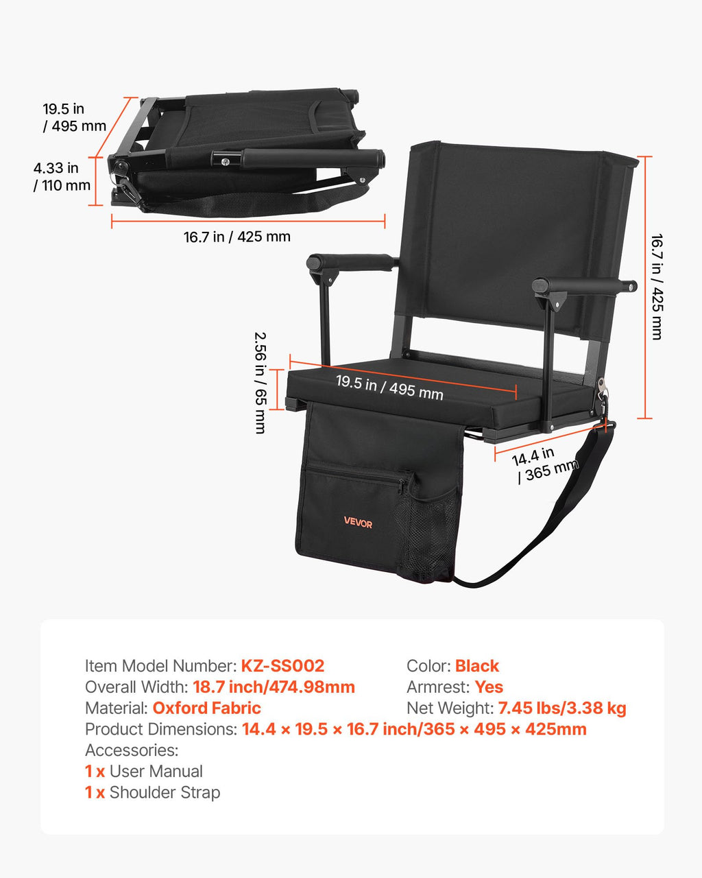 Portable Bleacher Seat with Armrest, Back Support and Cup Holder, Black U55080