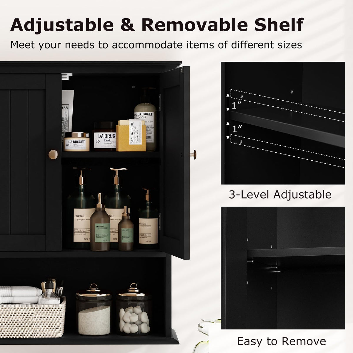 Black Wooden Bathroom Wall Cabinet with 2 Doors X66241