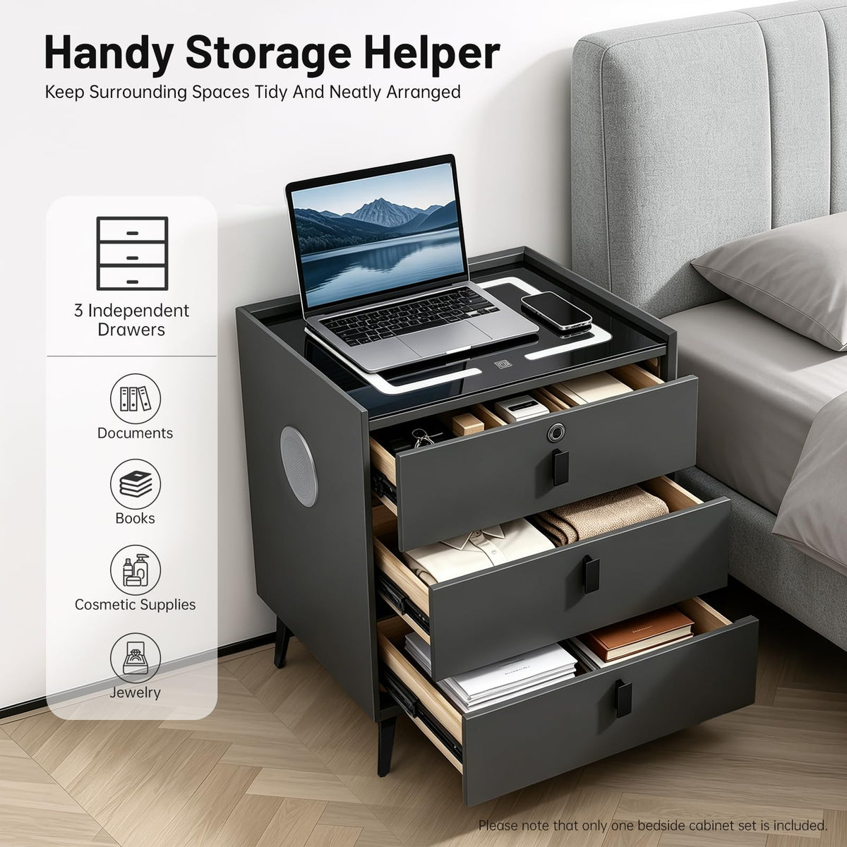 Fingerprint Lock Nightstand with USB & Wireless Charging and 3 Drawers J47079