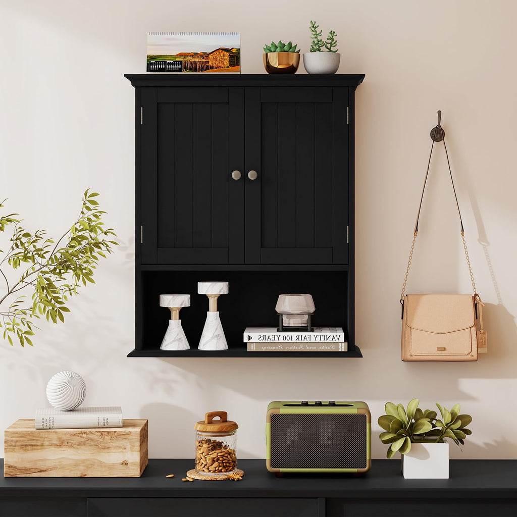 Black Wooden Bathroom Wall Cabinet with 2 Doors X66241