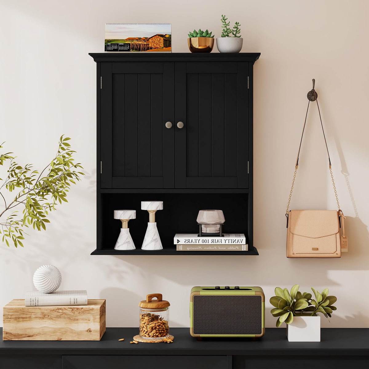 Black Wooden Bathroom Wall Cabinet with 2 Doors X66241
