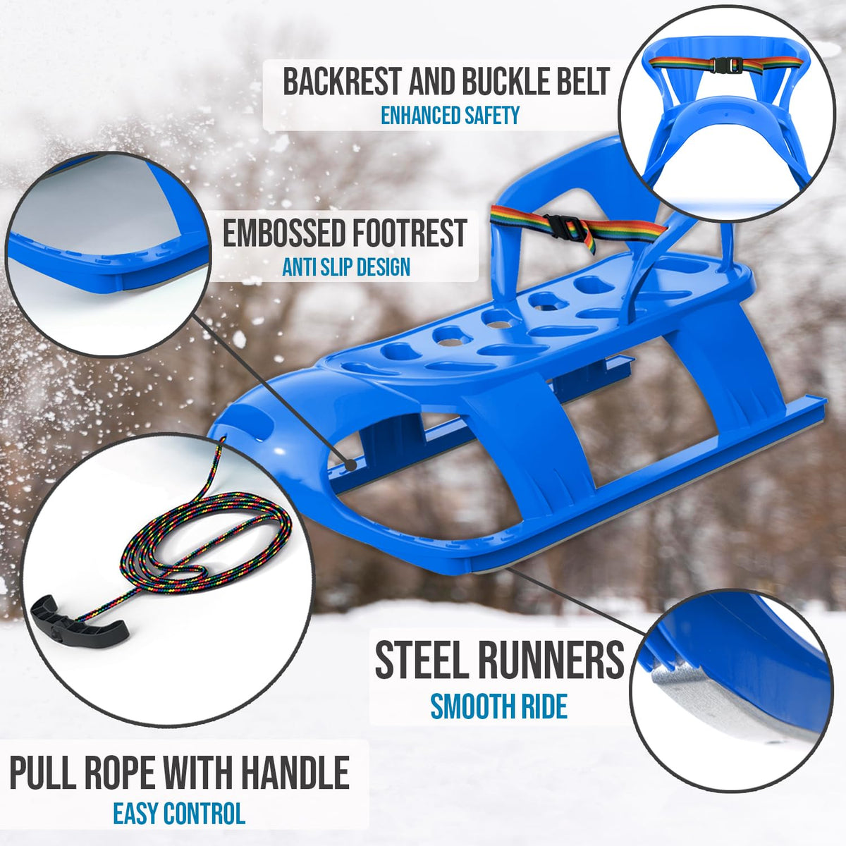 Snow Sled with Pull Rope, Backrest and Safety Belt G8980