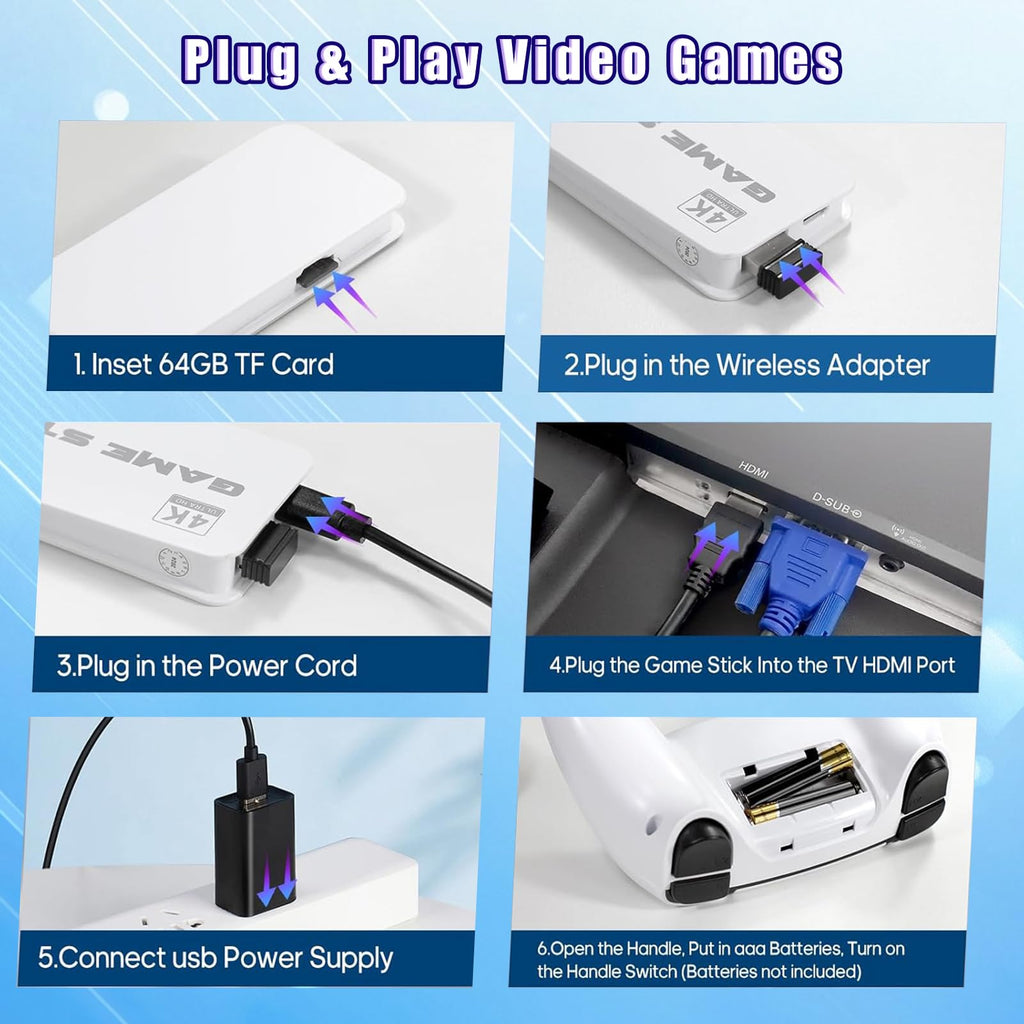 Wireless Retro Gaming Console Game Stick with 4K HDMI Output and 2 Wireless Controllers D42877