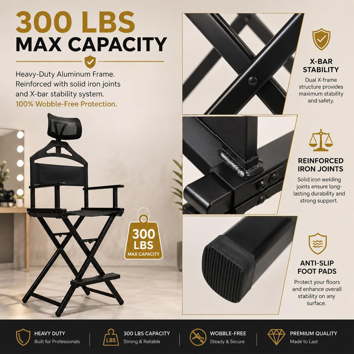 Gold Extra Tall Foldable Makeup Chair C446